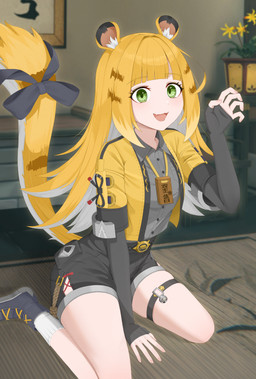 accessory animal_ears bare_legs belt black_bottomwear black_clothing black_shorts blonde_hair blue_clothing blue_footwear blue_shoes bottomwear claw_pose clothed clothing collared_shirt cute_fangs dress_shirt fangs female flower fluffy_ears footwear furgonomics green_eyes grey_dress_shirt hair hand_on_ground jacket long_hair markings open_clothing open_jacket open_mouth open_topwear plant raised_tail ribbons shirt shoes shorts sitting socks striped_hair striped_markings striped_tail stripes tail tail_accessory tail_markings tail_ribbon teeth topwear two_tone_tail wariza white_clothing white_footwear white_hair white_socks yellow_clothing yellow_jacket_(clothing) yellow_topwear cherrymoya mihoyo zenless_zone_zero ju_fufu animal_humanoid felid felid_humanoid humanoid mammal mammal_humanoid pantherine pantherine_humanoid thiren tiger_humanoid absurd_res hi_res