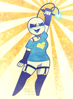 ambiguous_gender anthro blue_blush blue_clothing blush blush_lines choker clothing curvy_figure female fingerless_gloves footwear garter_belt garter_straps gloves glowing handwear heart_symbol hourglass_figure jewelry legwear necklace null shirt simple_background socks solo t-shirt tablet_pen thick_thighs thigh_highs thigh_socks topwear wide_hips yellow_eyes angie_imagines alien alien_humanoid humanoid 2023 absurd_res character_request digital_media_(artwork) hi_res