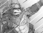 abs anthro biceps clothing fur male mongolian mongolian_clothing muscular muscular_anthro muscular_male nipples pecs solo tattoo noko_illust lifewonders tokyo_afterschool_summoners temujin_(tas) canid canine canis mammal wolf 2019 monochrome