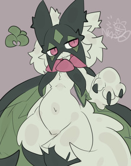 ambiguous_gender anthro belly cape claws clothing fluffy fluffy_tail fur green_body green_fur grey_background limp_wrist navel one_hand_raised paws pseudo_mask red_eyes simple_background solo standing tail thick_thighs nyaswitchnya nintendo pokemon generation_9_pokemon meowscarada pokemon_(species) 2026 digital_drawing_(artwork) digital_media_(artwork) hi_res portrait sketch three-quarter_portrait