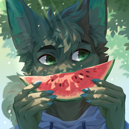 anthro blue_clothing blue_hoodie blue_topwear clothed clothing detailed_background detailed_food food front_view fruit fur glistening glistening_eyes green_body green_eyes green_fur green_hair green_nose green_pupils hair hoodie leaf light light_beam looking_aside male melon messy_hair outside plant pupils short_hair solo sunbeam sunlight topwear unsigned watermelon watermelon_slice corzh77 mammal rodent sciurid tree_squirrel 1:1 absurd_res bust_portrait detailed hi_res icon portrait