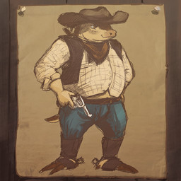 anthro bottomwear clothing cowboy_hat gun handgun hat headgear headwear kerchief male orange_eyes overweight overweight_male pants ranged_weapon revolver shirt solo spurs tan_body topwear weapon dakkawoof armadillo mammal xenarthran 1:1 2026 hi_res