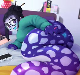 4_fingers anus apode bed black_hair blue_anus blue_tongue bottomless breasts butt clothed clothing computer dark_body dark_scales detailed_background dorsal_orfice electronics eyewear female fingers furniture game_console glasses glowing glowing_tongue hair laptop legless light_body light_scales markings multicolored_body multicolored_scales non-mammal_breasts open_mouth open_smile pale_scales presenting presenting_anus presenting_hindquarters purple_body purple_eyes purple_scales rear_view ring scales serpentine smile solo split_form spots spotted_body spotted_scales spread_butt spreading sweater tongue topwear white_body white_scales eerieviolet nintendo nintendo_3ds nintendo_ds_family hikari_(eerieviolet) animal_humanoid draconcopode humanoid lamia reptile reptile_humanoid scalie scalie_humanoid snake snake_humanoid hi_res