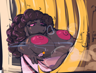 anthro areola bathtub big_breasts black_body black_fur black_hair breasts cigarette female fur hair half-closed_eyes holding_object inside lying mature_anthro mature_female narrowed_eyes navel nipples nude open_mouth pink_eyes shortstack slightly_chubby smoke smoke_from_mouth smoking solo water wet smutbooru zini_(sssonic2) canid canine canis domestic_dog mammal poodle