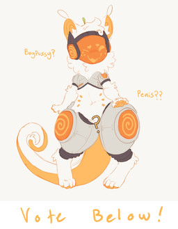 andromorph anthro curled_tail fur head_leaf intersex long_tail machine male orange_pawpads pawpads solo standing tail white_body white_fur kyleranchy clemmie(kyleranchy) minigen protogen hi_res