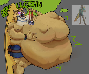 anthro belly big_belly bottomwear burping clothed clothing eyewear huge_belly male male_pred moobs open_mouth pants pants_only shirtless solo sound_effects sunglasses topless vore smartfellah epic_games fortnite kingston_(fortnite) felid lion mammal pantherine absurd_res hi_res