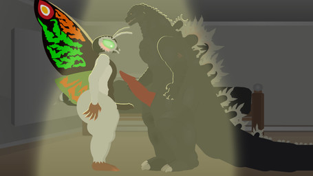 aged_up anthro bedroom big_butt big_penis blush butt dominant dominant_male femboy genitals godzilla_junior_(adult) green_eyes larger_male male male/male muscular muscular_male penis size_difference small_penis smaller_male allogojira_(artist) godzilla_(series) mothra_(series) toho mothra_leo arthropod insect lepidopteran moth 16:9 4k absurd_res hi_res widescreen