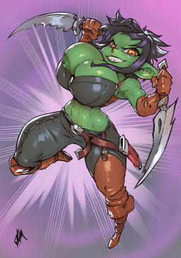 areola armor big_breasts black_hair boots breasts brown_clothing brown_gloves brown_handwear bulging_breasts cleavage cleavage_overflow clothed clothing dagger dual_wielding female footwear gloves green_body green_nipples grin hair handwear holding_object holding_weapon huge_breasts humanoid_pointy_ears leather leather_armor melee_weapon midriff nipple_slip nipples not_furry orange_eyes pointy_ears raised_leg sharp_teeth shoes short_hair simple_background smile solo teeth wardrobe_malfunction weapon thefuckingdevil goblin humanoid absurd_res hi_res watermark