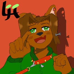 accessory anthro blush blush_lines bodily_fluids brown_body brown_fur brown_hair clothed clothing collar ear_piercing embarrassed fur gauged_ear green_eyes hair hair_accessory hairclip heart_pupils heart_symbol jacket looking_at_viewer male one_fang piercing simple_background smile solo sweat sweatdrop topwear luckyhomie bird_dog canid canine canis domestic_dog hunting_dog labrador mammal retriever absurd_res digital_drawing_(artwork) digital_media_(artwork) hi_res signature