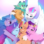 blush braided_hair braided_ponytail female feral green_body green_scales group group_hug hair hooves horn hug hugging_another male ponytail scales sunny wings aztrial hasbro mlp_g5 my_little_pony mythology hitch_trailblazer_(mlp) izzy_moonbow_(mlp) misty_brightdawn_(mlp) pipp_petals_(mlp) sparky_sparkeroni_(mlp) sunny_starscout_(mlp) zipp_storm_(mlp) earth_pony equid equine horse mammal mythological_creature mythological_equine pegasus pony unicorn hi_res