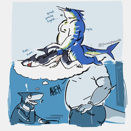 ahegao anal anthro belly belt blue_body blue_bottomwear blue_clothing blue_jeans blue_pants bodily_fluids bottomwear classroom classroom_desk clothing cum cumshot dark_body daydream denim denim_bottomwear denim_clothing dream duo ejaculation exclamation_point eyewear genital_fluids gills glasses hand_on_another's_hand hand_on_desk hand_on_face hands_on_hips jeans looking_pleasured male male/male motion_lines nipples nude open_mouth overweight overweight_anthro overweight_male pants school shirt student tail teacher teacher_and_student text topwear delulupin aquatic billfish fish istiophoriform shark swordfish 1:1 english_text hi_res signature