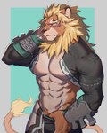 4:5 abs absurd_res anthro blonde_hair blush clothed clothing cygames felid hair hi_res lion magnos_(world_flipper) male mammal muscular muscular_male navel pantherine pecs pubes simple_background solo tail tail_tuft tuft ty_arashi world_flipper yellow_eyes