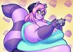 anthro belly big_belly big_breasts blue_clothing blue_shirt blue_topwear breasts cleavage clothed clothing controller ear_piercing ear_ring eyebrow_through_hair eyebrows facial_piercing fangs fat_arms female fur game_controller hair long_hair looking_at_viewer midriff nose_piercing nose_ring obese obese_anthro obese_female overweight overweight_anthro overweight_female piercing pink_hair purple_body purple_fur ring_piercing shirt smile solo tail teeth thick_tail topwear translucent translucent_hair noctoon maddison_ringtail domestic_cat felid feline felis hybrid mammal digital_media_(artwork) trans_(lore) trans_woman_(lore)