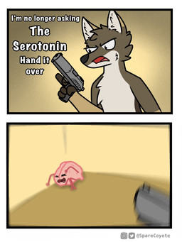 anthro brain brown_body brown_fur dialogue fur gun holding_gun holding_object holding_ranged_weapon holding_weapon humor open_mouth organs ranged_weapon text weapon sparecoyote spare_(sparecoyote) canid canine canis coyote mammal 2021 3:4 comic english_text