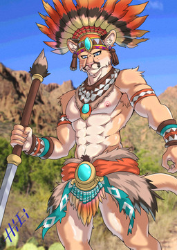 abs anthro holding_object holding_weapon male melee_weapon nipples photo_background polearm solo spear standing tail tribal weapon hiei0221 cougar felid feline mammal absurd_res hi_res photography_(artwork)