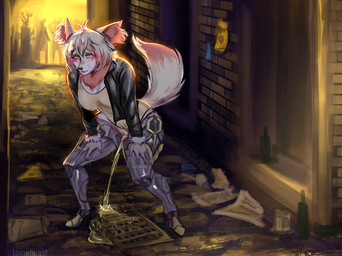 alley anthro bent_over biped blush bodily_fluids bodysuit brick_wall caught_in_the_act city clothing clothing_aside crouching curvy_figure cybernetics exhibitionism female female_peeing fluffy fluffy_tail freckles fur genital_fluids jacket leather leather_clothing leather_jacket leather_topwear leotard leotard_aside machine neck_tuft night outside peeing pink_body pink_fur public public_urination raised_tail robotic_leg skinsuit solo street tail tight_clothing topwear tuft urine urine_on_ground urine_on_leg urine_pool urine_stream voyeur wall_(structure) watersports wet wet_clothing wetting white_body lameboast canid canine canis cyborg fennec_fox fox mammal true_fox 2021 digital_media_(artwork) hi_res shaded