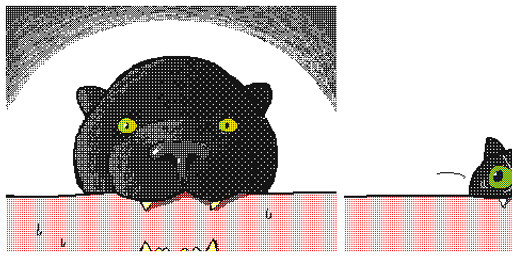 ambiguous_gender bite black_body comparison duo fangs feral front_view fur grey_nose simple_background solo_focus teeth whiskers white_background keke_(artist) domestic_cat felid feline felis mammal animated frame_by_frame signature