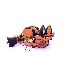 ambiguous_gender black_body black_fur duo emanata fangs feral fur inner_ear_fluff lying lying_on_another on_front one_eye_closed open_mouth paws red_body red_eyes red_fur simple_background size_difference tail teeth tongue tuft yellow_sclera ellu nintendo pokemon felid feline generation_7_pokemon litten mammal pokemon_(species) torracat 1:1 2025 hi_res signature