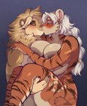 anthro big_breasts blush breast_squish breasts carrying_another duo eyes_closed female fur hair huge_breasts intimate kissing male male/female mane orange_body orange_fur squish tan_body tan_fur thick_thighs white_hair katfishcom edel_(muttoverlord) eugene_(irvingwrites) felid lion mammal pantherine tiger