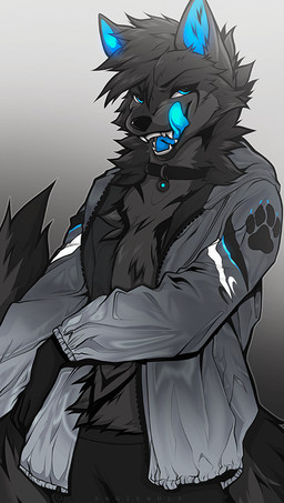 anthro black_body black_fur blue_eyes blue_tongue bottomwear clothing collar fur gradient_background jacket male pants simple_background solo tongue tongue_out topwear angiewolf canid canine canis mammal wolf 2021 digital_media_(artwork) shaded