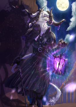 anthro belt black_clothing boots braided_hair cane clothing coat footwear full_moon fur gloves hair handwear high_heeled_boots high_heels horn lamp lantern male moon robe shoes sky smile solo star starry_sky tail topwear trenchcoat white_body white_fur freelyvector lifewonders live_a_hero vlaham bovid caprine goat mammal hi_res
