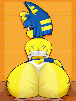 anthro big_butt biped blue_hair butt clothed clothing eyelashes female hair huge_butt looking_at_viewer looking_back pupils rear_view solo tail tail_aside white_clothing wide_hips yellow_body mklancer00 animal_crossing nintendo ankha_(animal_crossing) domestic_cat felid feline felis mammal absurd_res hi_res