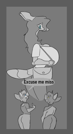 anthro big_breasts biped blue_eyes border bottomwear breasts clothed clothing dialogue female grey_background grey_border group hair huge_breasts looking_up purse rear_view side_view simple_background speech_bubble tail text topwear trio yellow_eyes jizzus dawn_(tabuley) dusk_(tabuley) jivii_(jizzus) arthropod bat mammal greyscale monochrome