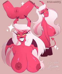 2_horns anus areola big_areola big_breasts breasts butt butt_from_the_front clothing curvy_figure eyelashes female genitals glistening glistening_body glistening_breasts glistening_genitalia glistening_skin glistening_vulva hair highlights_(coloring) horn huge_breasts legwear long_eyelashes long_hair long_tail membrane_(anatomy) membranous_wings multicolored_hair nipples nude nude_female nude_humanoid pink_body pink_eyes pink_hair pink_highlights pink_skin smile solo spade_tail tail teeth text thick_thighs thigh_highs two_tone_hair voluptuous voluptuous_female voluptuous_humanoid vulva white_hair wings yellow_sclera avianaress hellaverse helluva_boss verosika_mayday demon demon_humanoid horned_humanoid humanoid succubus tailed_humanoid winged_humanoid 2023 5:6 absurd_res artist_name dated digital_drawing_(artwork) digital_media_(artwork) hi_res signature watermark