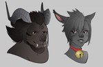 anthro beard bell bell_collar big_fangs black_beard black_facial_hair black_hair brown_body brown_fur collar eyelashes facial_hair fangs female fur grey_body grey_hair grey_horn hair horn looking_aside male mouth_closed red_collar red_eyes simple_background solo teeth yellow_eyes 100racs animal_humanoid felid felid_humanoid humanoid mammal mammal_humanoid multiple_images