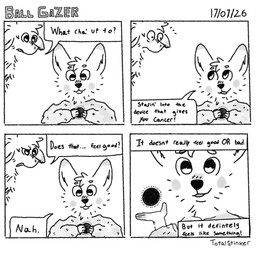 4_panel_comic ambiguous_gender anthro big_ears clothed clothing confusion device dialogue duo ejaculation hands-free humor male speech_bubble spontaneous_ejaculation text title totalstinker canid canine mammal unknown_species 1:1 black_and_white comic digital_drawing_(artwork) digital_media_(artwork) english_text hi_res monochrome shaded sketch