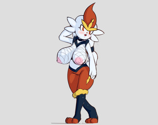 anthro areola big_breasts blush bodily_fluids bottomwear breasts cheek_tuft choker clothing digitigrade ears_down eyelashes facial_tuft female female_anthro fishnet_clothing fishnet_topwear front_view fur grey_background hand_behind_head jewelry long_ears necklace nipples open_mouth orange_bottomwear orange_clothing orange_eyes orange_nose orange_shorts pink_areola pink_nipples pivoted_ears shorts simple_background solo sweat sweatdrop thick_thighs topwear tuft white_body white_fur wide_hips dibujosv12 nintendo pokemon cinderace generation_8_pokemon pokemon_(species) 2020 absurd_res digital_media_(artwork) hi_res