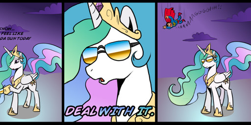 cape clothing crown cutie_mark eyewear feathered_wings feathers female feral hair headgear horn humor long_hair male multicolored_hair princess purple_eyes quadruped royalty sun sunglasses tail text tiara white_body white_feathers wings madmax dc_comics deal_with_it friendship_is_magic hasbro my_little_pony mythology princess_celestia_(mlp) superman equid equine mammal mythological_creature mythological_equine winged_unicorn comic crossover english_text