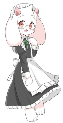 3_toes anthro apron barefoot black_clothing black_dress blush clothed clothed_anthro clothing crossdressing_male dress eyewear feet floppy_ears fully_clothed fully_clothed_anthro fur glasses green_eyewear green_glasses lop_ears maid_headdress maid_uniform male open_mouth paws pink_eyes simple_background solo toes uniform white_apron white_background white_body white_clothing white_fur soken_unison deltarune undertale_(series) ralsei bovid caprine goat mammal full-length_portrait hi_res portrait