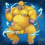 anthro balls belly bodily_fluids erection fur genitals humanoid_genitalia humanoid_penis male muscular muscular_male overweight overweight_male penis potara_ear_ring red_eyes solo yellow_body yellow_fur barmaku dragon_ball dragon_ball_z vegito mammal oozaru primate saiyan 1:1 absurd_res hi_res