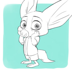 3_toes anthro barefoot big_ears big_eyes big_head biped clothed clothing feet fully_clothed fur hand_on_face looking_aside looking_at_viewer male object_in_mouth pacifier pacifier_in_mouth shirt simple_background solo toes topwear disney zootopia finnick_(zootopia) canid canine fennec_fox fox mammal true_fox 1:1 2016