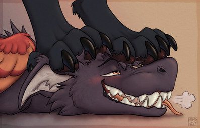 4_toes ambiguous_gender anthro blush brown_eyes claws digitigrade duo feet foot_fetish foot_on_face lying male male_anthro on_front pawpads paws sharp_teeth stepping_on_face teeth toe_claws toes remywolf mammal hi_res signature