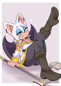 anthro book ear_piercing ear_ring female piercing ring_piercing solo staff wings klaus_monteiro frieren_beyond_journey's_end sega sonic_the_hedgehog_(series) frieren rouge_the_bat bat mammal absurd_res hi_res