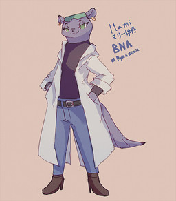 anthro black_clothing black_shirt black_topwear boots bottomwear clothing coat denim denim_bottomwear denim_clothing ear_piercing ear_ring female footwear high_heeled_boots high_heels jeans kemono lab_coat pants piercing ring_piercing shirt shoes simple_background smile solo tail text topwear rykanokk brand_new_animal studio_trigger marie_itami mammal mink mustelid musteline true_musteline 2020 english_text japanese_text
