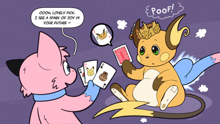 after_transformation blue_body blue_collar blue_eyes blue_fur card collar crown dialogue ear_piercing ear_ring fur green_eyes headgear implied_transformation jewelry lightning_bolt_tail piercing pink_body pink_fur playing_card poof_transformation psychic_powers ring_piercing speech_bubble transformation trevor-fox nintendo pokemon generation_1_pokemon legendary_pokemon mew_(pokemon) pokemon_(species) raichu 16:9 widescreen