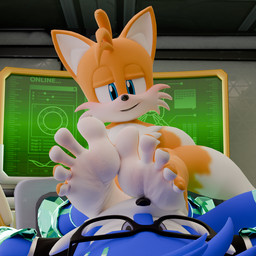 5_toes anthro blush computer_monitor detailed_feet duo eyewear feet foot_fetish foot_on_face foot_play glasses humanoid_feet male male/male plantigrade soles spread_toes toes twintails3d sega sonic_the_hedgehog_(series) chrystix_(twintails3d) fan_character miles_prower canid canine fox mammal 1:1 3d_(artwork) digital_media_(artwork)