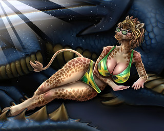 accessory animal_print anthro big_breasts bikini breasts brown_eyes brown_hair cleavage clothed clothing curvy_figure eyewear female feral flag_bikini flag_swimwear glasses hair headband hooves jamaican jamaican_flag jamaican_flag_bikini leopard_print looking_at_viewer lying male on_side scales small_waist smile smiling_at_viewer smirk smirking_at_viewer swimwear tail thick_thighs two-piece_swimsuit wide_hips afantasyhero mythology prince_azurius shanee_king dragon giraffe giraffid mammal mythological_creature mythological_scalie scalie 5:4 absurd_res hi_res