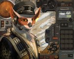 chokha_coat clothing control_panel hat headgear headset_microphone headwear male peaked_cap portraits screen solo text uniform sketchotterly highfleet_(game) avian bird owl 5:4 absurd_res english_text hi_res huge_filesize