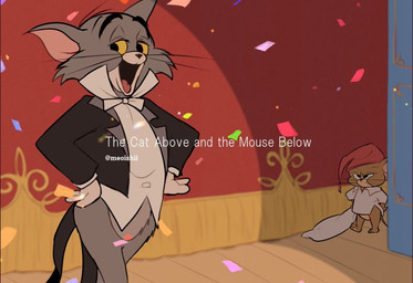 annoyed anthro black_tie_(suit) clothed clothing curtains duo half-closed_eyes hands_on_hips hat headgear headwear male narrowed_eyes nightcap pajamas partially_clothed smile smug stage suit text atori metro-goldwyn-mayer tom_and_jerry jerry_mouse thomas_cat domestic_cat felid feline felis house_mouse mammal mouse murid murine rodent tuxedo_cat english_text