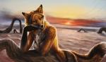 anthro black_nose breasts brown_body brown_fur clothed clothing detailed_background female fur looking_at_viewer nude orange_body orange_fur outside smile solo sunset yellow_eyes safiru canid canine fox mammal 2019 digital_media_(artwork)