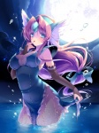 blue_eyes breasts butt clothed clothing female hair long_hair looking_at_viewer moon night open_mouth partially_submerged skimpy solo water wet no._108 trials_of_mana riesz_(trials_of_mana) human mammal hi_res