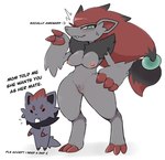 ambiguous_gender anthro areola biped black_body black_fur breasts dialogue duo english_text female fur generation_5_pokemon genitals green_eyes grey_body grey_fur hi_res mother_(lore) mother_and_child_(lore) mother_and_son_(lore) nintendo nipples parent_(lore) parent_and_child_(lore) parent_and_son_(lore) pink_areola pink_nipples pokemon pokemon_(species) pussy red_body red_fur simple_background son_(lore) svkhaiminh text white_background zoroark zorua