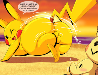 3_toes all_fours balls big_butt blush bulge butt clothed clothing dialogue duo erection erection_under_clothing feet feral genitals looking_back male male_feral motion_lines presenting presenting_hindquarters question question_mark seductive shaking_butt shy soles speech_bubble teasing text toes tepigfan101 nintendo pokemon generation_1_pokemon generation_7_pokemon mimikyu pikachu pokemon_(species) 2023 absurd_res digital_media_(artwork) english_text hi_res