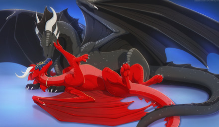 ambiguous_gender black_body black_scales blue_background butt claws digitigrade duo eye_contact feet feral finger_claws fingers frill_(anatomy) gradient_background horn long_neck long_tail looking_at_another lying membrane_(anatomy) membranous_frill membranous_wings on_back on_front red_body red_scales scales simple_background smile snout tail teeth toe_claws toes wing_claws wings lunalei mythology dragon mythological_creature mythological_scalie scalie 2026 digital_drawing_(artwork) digital_media_(artwork) hi_res shaded female_(lore) male_(lore)