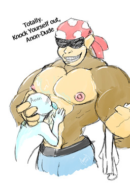 big_muscles blush body_worship clothing eyewear grin kerchief licking licking_abs licking_stomach male muscle_worship muscular muscular_male nipples pecs smile sunglasses text tongue tongue_out videgame donkey_kong_(series) nintendo anon funky_kong ape gorilla haplorhine humanoid mammal primate english_text hi_res