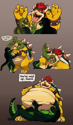 anthro armband belly big_belly bracelet collar countershade_face countershade_tail countershade_torso countershading green_body grey_background group hair horn jewelry male male_pred male_prey open_mouth oral_vore red_hair same_size_vore simple_background spiked_armband spiked_bracelet spiked_collar spikes tail text threatening_vore tongue tongue_out trio uvula vore yellow_body lordweegee64 mario_bros nintendo bowser crocodile crocodilian koopa reptile scalie turtle comic english_text hi_res